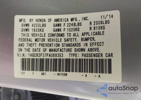 2015 Honda Accord Lx z USA, uszkodzony, nr VIN 1HGCR2F37FA069353